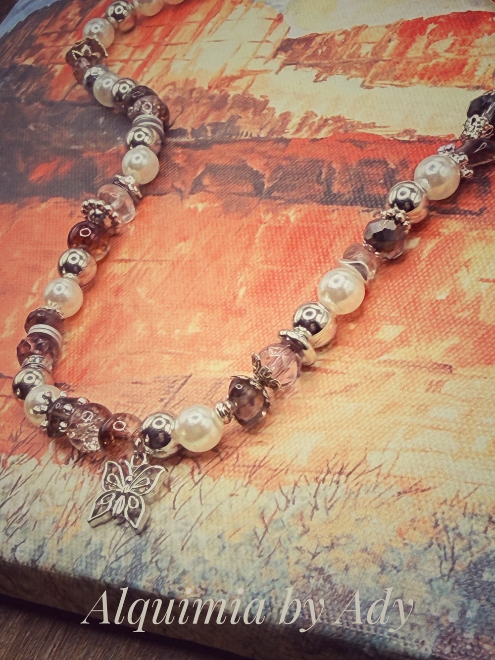 Smoky quartz Pink, Silver and Pearl Butterfly Necklace